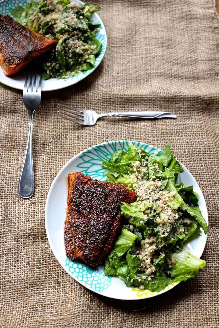 10. Blackened Cajun Salmon with Mayo Free Avocado Caesar Salad Recipe